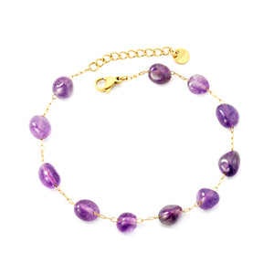 About 8.6*7mm Amethyst 0.3 Elongated Chain 20+3cm+6mm Round Plaque Bracelet Golden