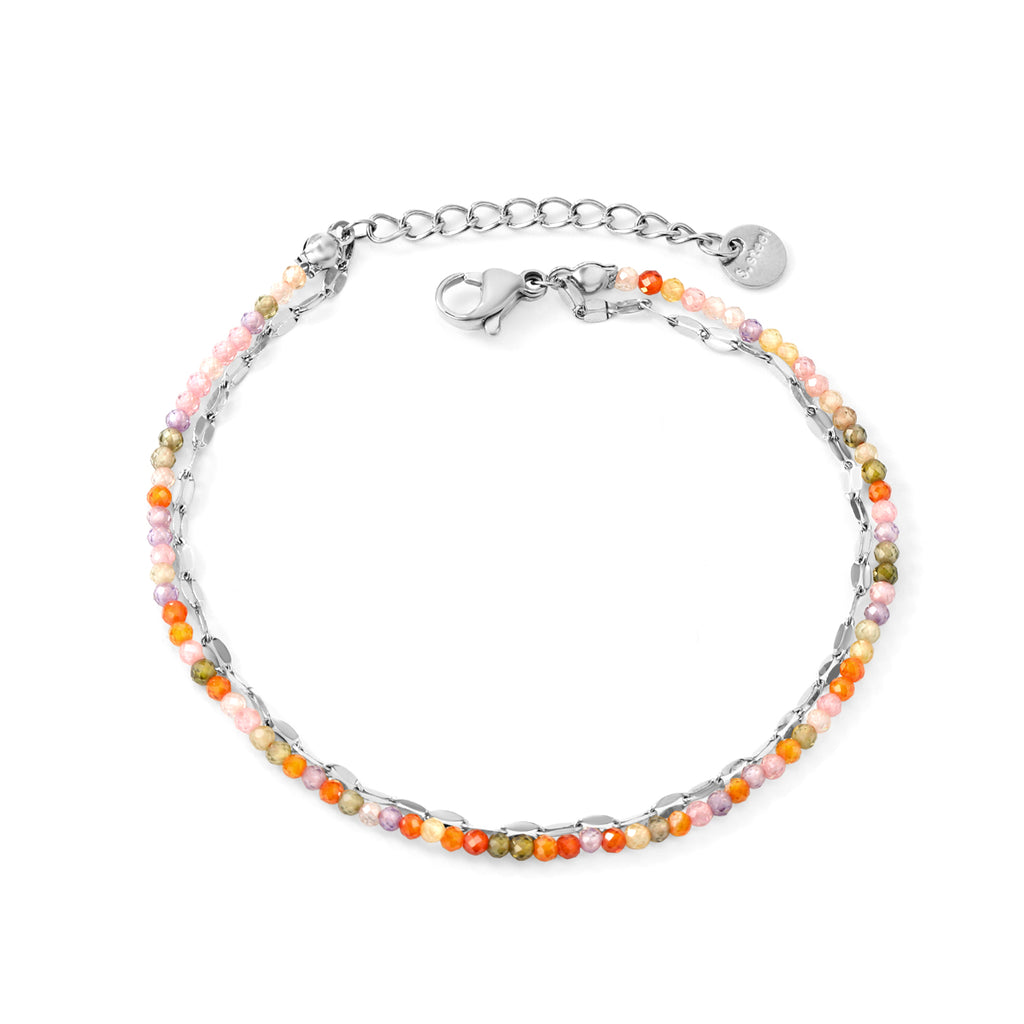 2mm color zirconium beads*18cm+double lip chain 16+3cm end chain+6mm round plate Double chain bracelet Steel/Golden