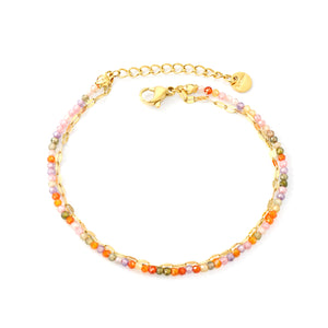 2mm color zirconium beads*18cm+double lip chain 16+3cm end chain+6mm round plate Double chain bracelet Steel/Golden