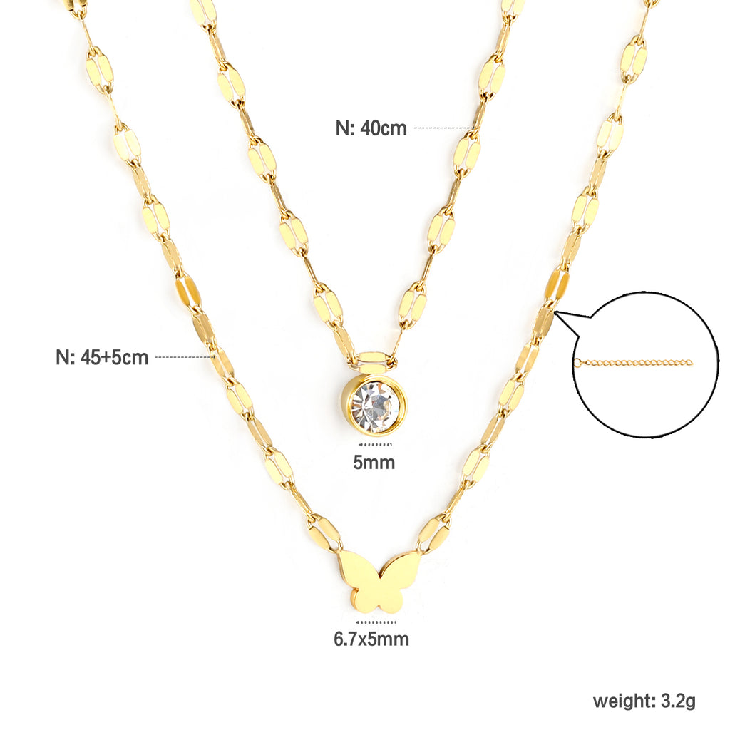6.7*5mm Cutout Full Light Butterfly Pendant 5mm Cylindrical Sticky White Diamond Accessory Lip Chain 45+40+5cm+6mm Round Plaque Double Chain Necklace Golden