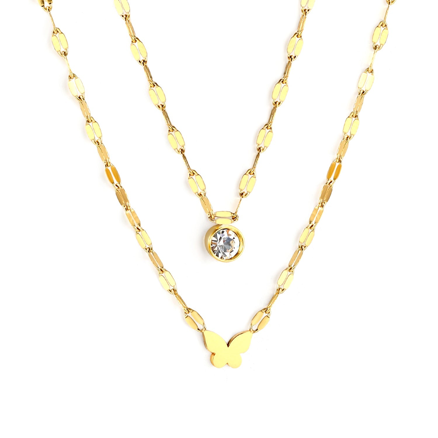 6.7*5mm Cutout Full Light Butterfly Pendant 5mm Cylindrical Sticky White Diamond Accessory Lip Chain 45+40+5cm+6mm Round Plaque Double Chain Necklace Golden asonjewelry