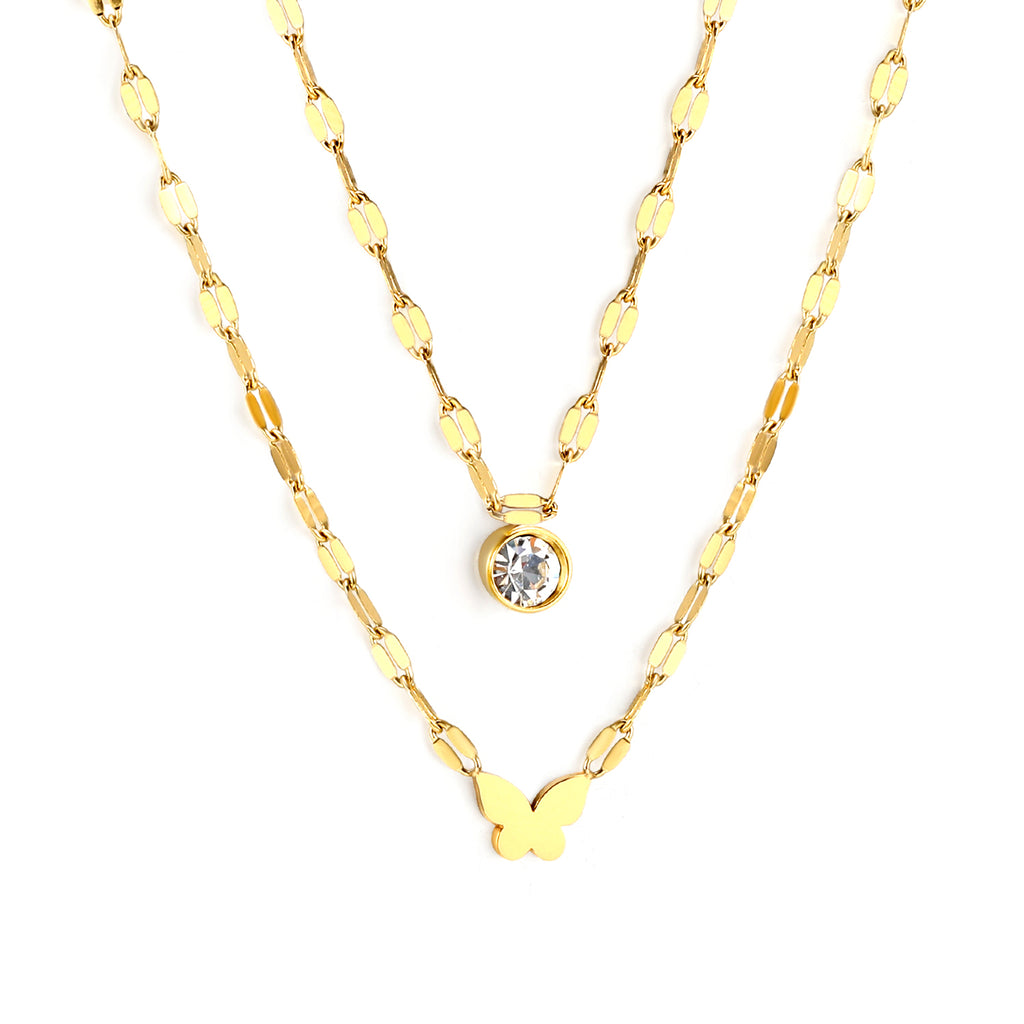 6.7*5mm Cutout Full Light Butterfly Pendant 5mm Cylindrical Sticky White Diamond Accessory Lip Chain 45+40+5cm+6mm Round Plaque Double Chain Necklace Golden