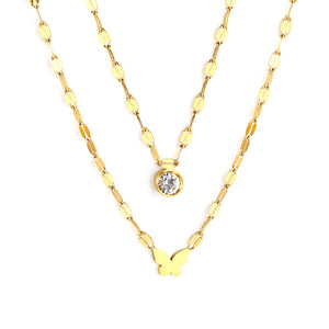 6.7*5mm Cutout Full Light Butterfly Pendant 5mm Cylindrical Sticky White Diamond Accessory Lip Chain 45+40+5cm+6mm Round Plaque Double Chain Necklace Golden