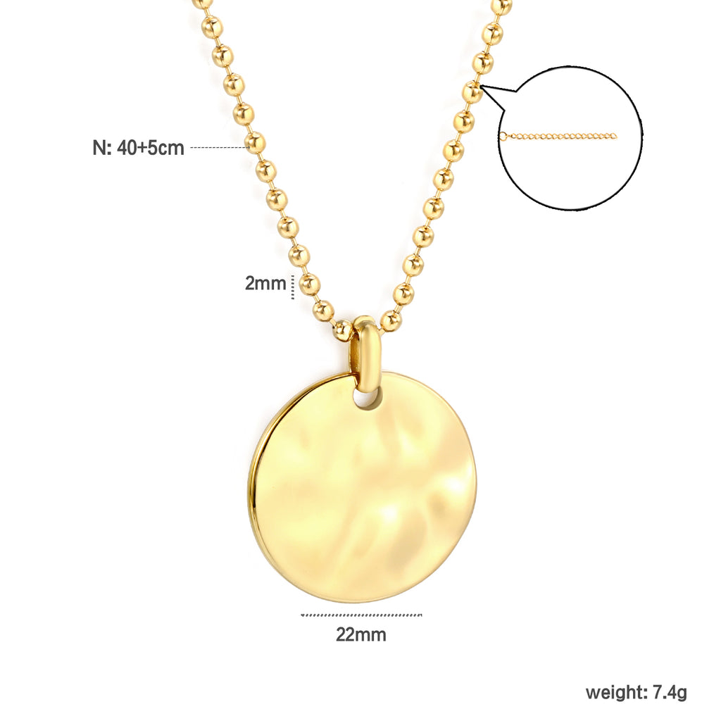 22mm Round Cake Pendant 2mm Bead Chain*40+5cm+6mm Round Plaque Necklace Golden