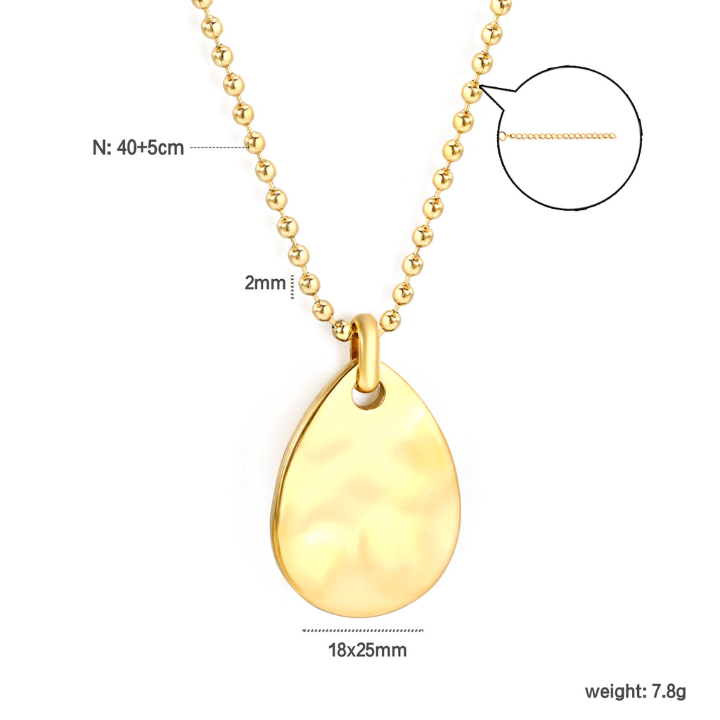 18*25mm teardrop pendant 2mm bead chain*40+5cm+6mm round plate necklace gold color