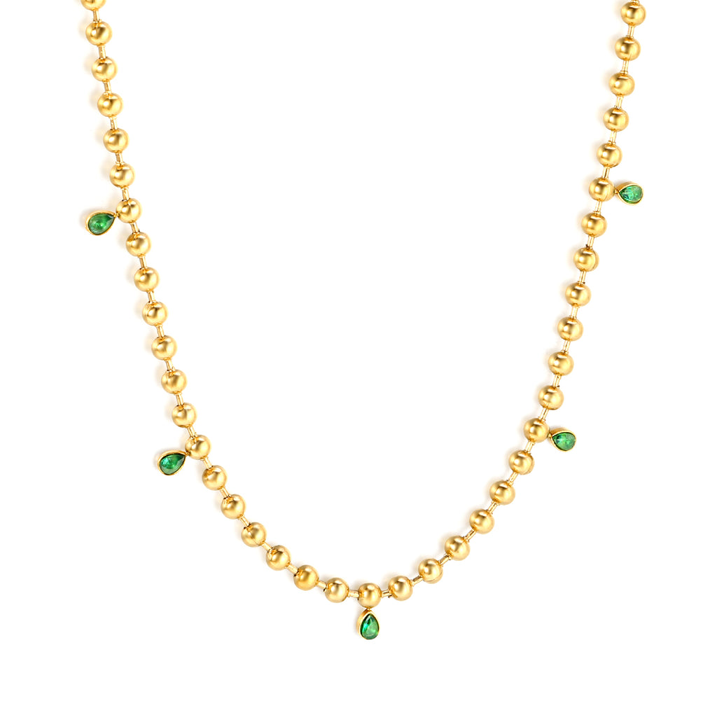 3*3.8mm teardrop emerald diamonds accessories 3mm beads chain *40+5cm+6mm round plaque Necklace Golden