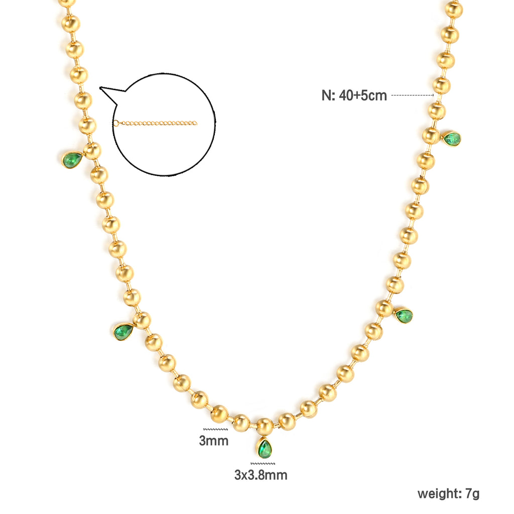 3*3.8mm teardrop emerald diamonds accessories 3mm beads chain *40+5cm+6mm round plaque Necklace Golden