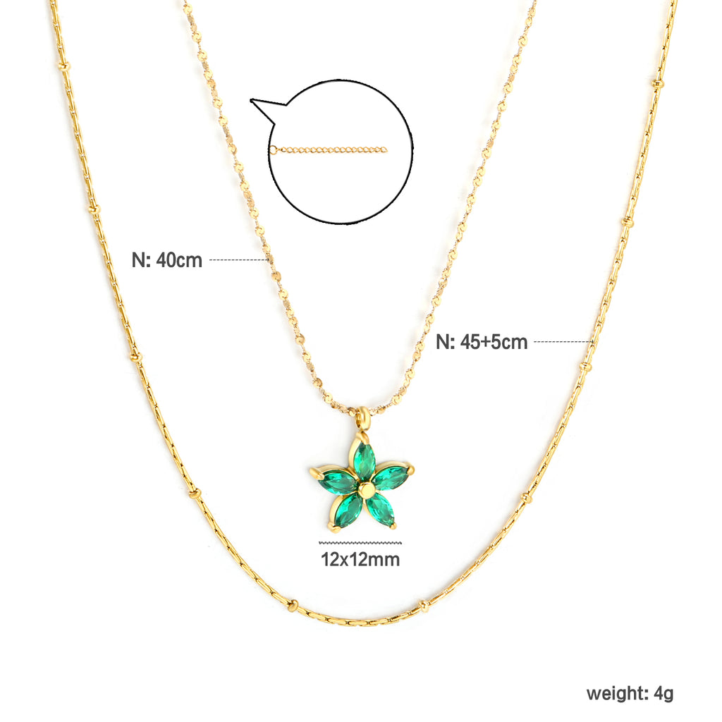 12*12mm Flower with Green Zirconia Pendant 0.9 Hammered Round Clip Bead*45cm+0.9 Full Star 40+5cm+6mm Round Plaque Double Chain Necklace GOLDEN