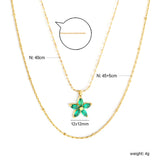 12*12mm Flower with Green Zirconia Pendant 0.9 Hammered Round Clip Bead*45cm+0.9 Full Star 40+5cm+6mm Round Plaque Double Chain Necklace GOLDEN