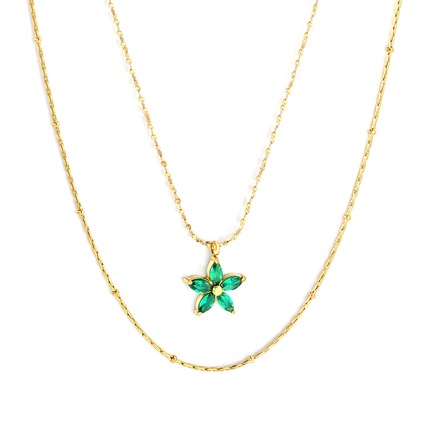 12*12mm Flower with Green Zirconia Pendant 0.9 Hammered Round Clip Bead*45cm+0.9 Full Star 40+5cm+6mm Round Plaque Double Chain Necklace GOLDEN asonjewelry