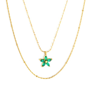 12*12mm Flower with Green Zirconia Pendant 0.9 Hammered Round Clip Bead*45cm+0.9 Full Star 40+5cm+6mm Round Plaque Double Chain Necklace GOLDEN