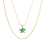 12*12mm Flower with Green Zirconia Pendant 0.9 Hammered Round Clip Bead*45cm+0.9 Full Star 40+5cm+6mm Round Plaque Double Chain Necklace GOLDEN