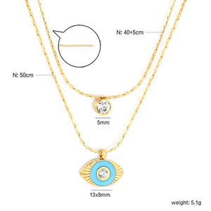 13*8mm horizontal eye drop light blue oil stick white diamond pendant 5mm cylindrical stick white diamond accessories 0.9 hammer square chain 50+40+5cm+6mm round plate double chain necklace gold color