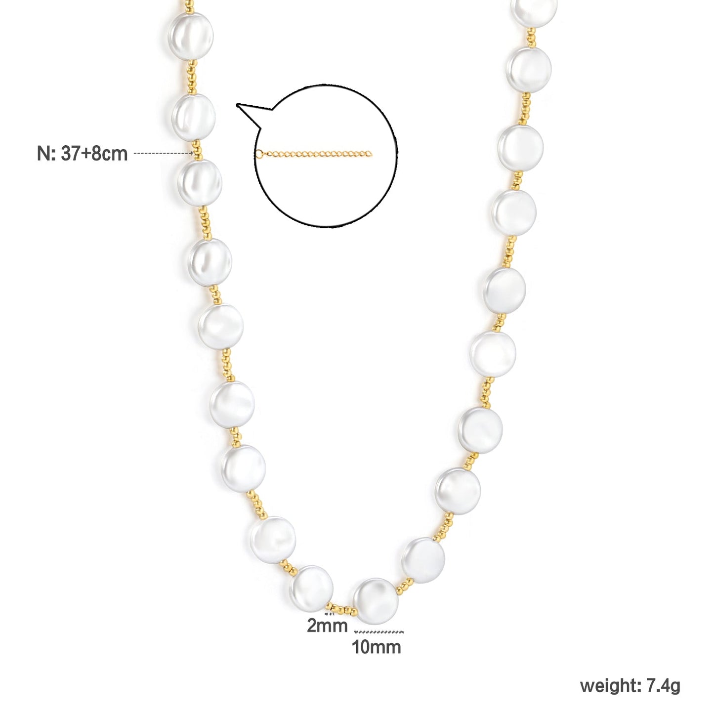 10mm round imitation pearl accessories 2mm through-hole beads *37+8cm+6mm round plate necklace gold color asonjewelry