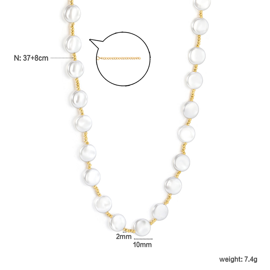 10mm round imitation pearl accessories 2mm through-hole beads *37+8cm+6mm round plate necklace gold color