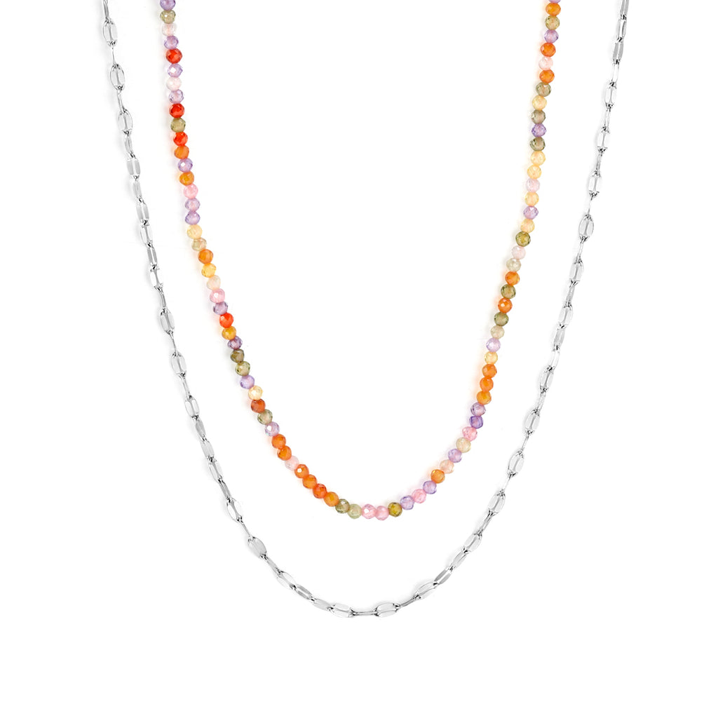 2mm color zirconia beads*40cm double lip chain45+5cm end chain+6mm round plate double necklace Steel/Golden