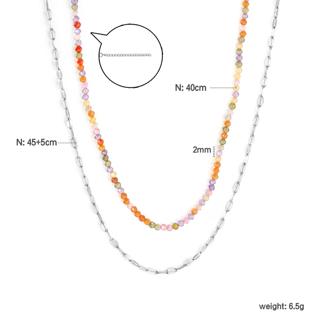 2mm color zirconia beads*40cm double lip chain45+5cm end chain+6mm round plate double necklace Steel/Golden