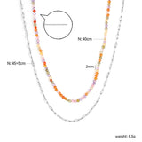 2mm color zirconia beads*40cm double lip chain45+5cm end chain+6mm round plate double necklace Steel/Golden