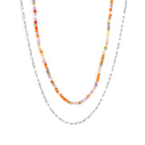 2mm color zirconia beads*40cm double lip chain45+5cm end chain+6mm round plate double necklace Steel/Golden