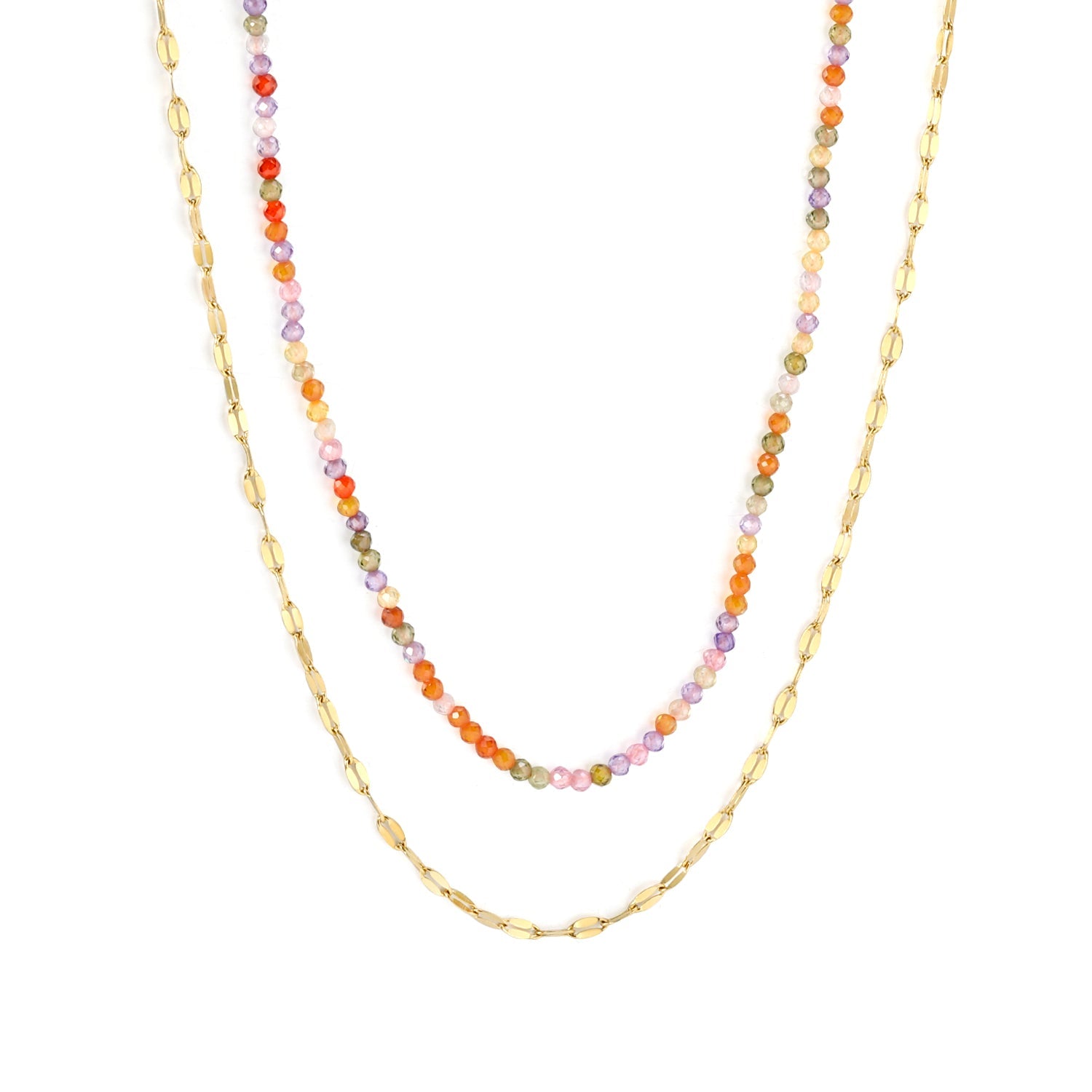 2mm color zirconia beads*40cm double lip chain45+5cm end chain+6mm round plate double necklace Steel/Golden asonjewelry