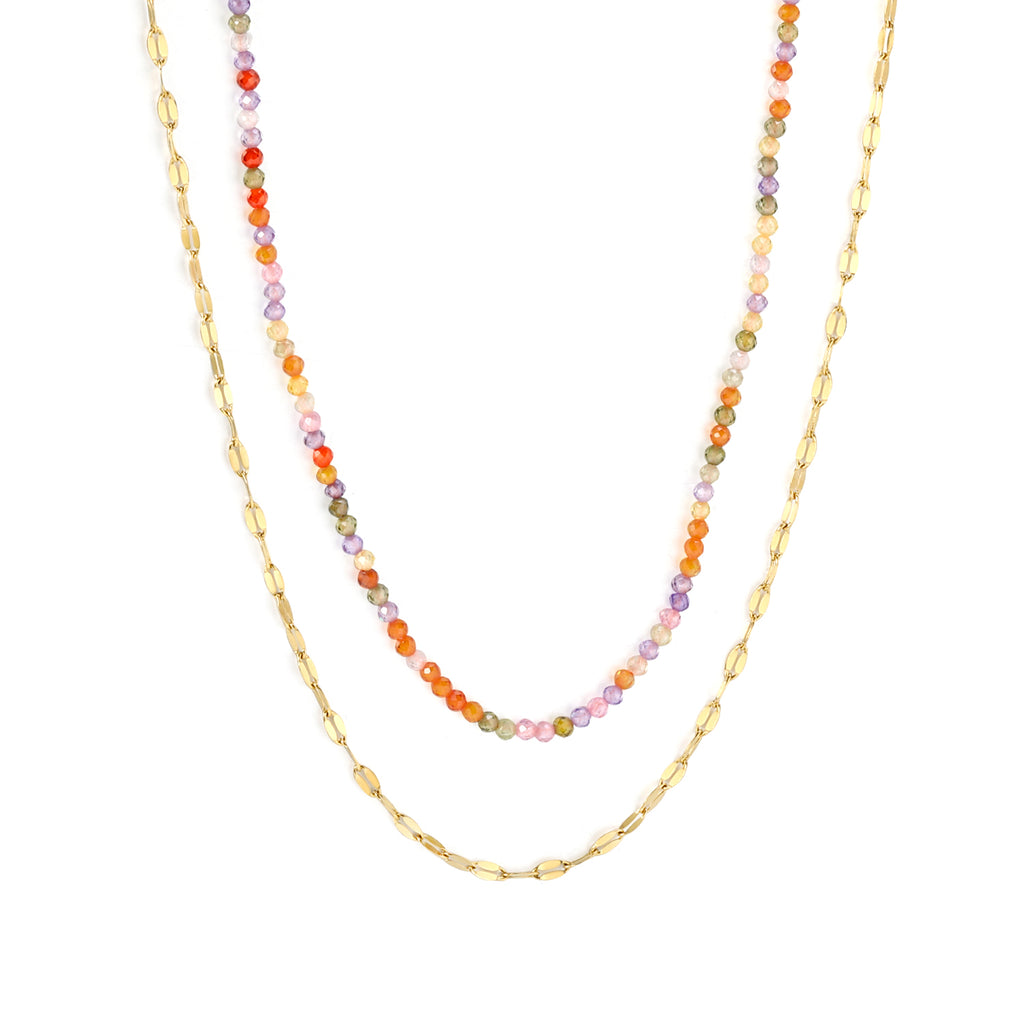 2mm color zirconia beads*40cm double lip chain45+5cm end chain+6mm round plate double necklace Steel/Golden