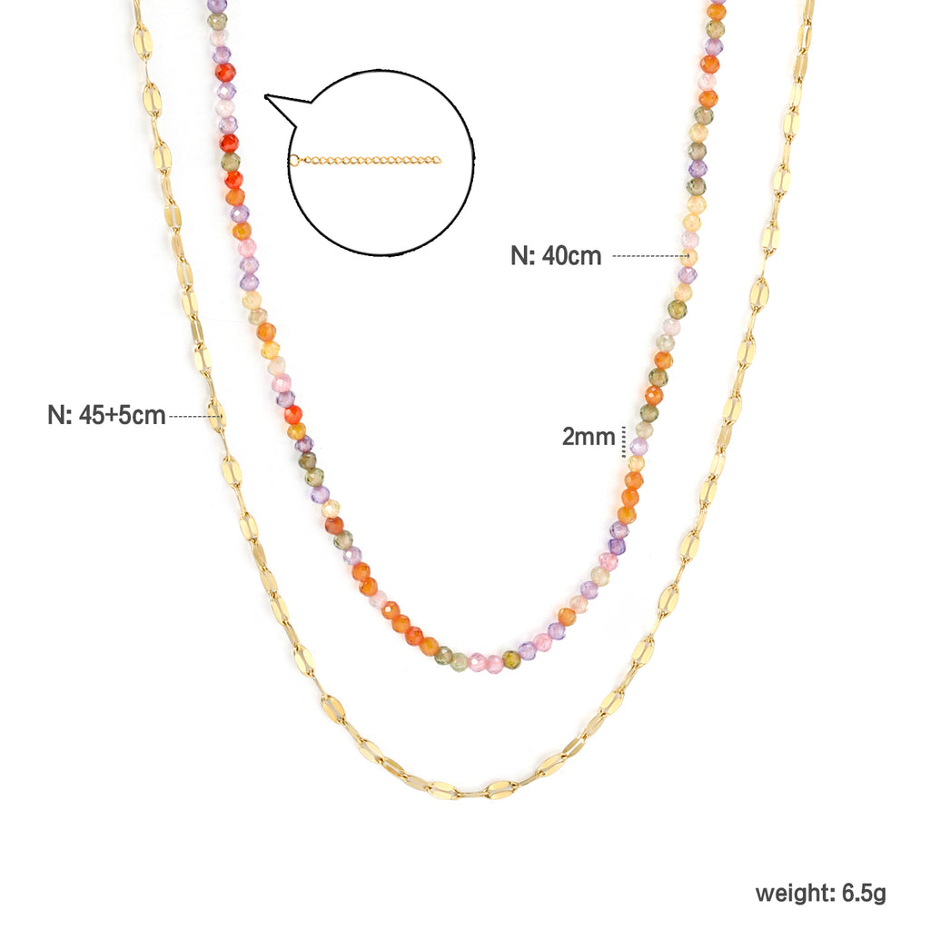 2mm color zirconia beads*40cm double lip chain45+5cm end chain+6mm round plate double necklace Steel/Golden