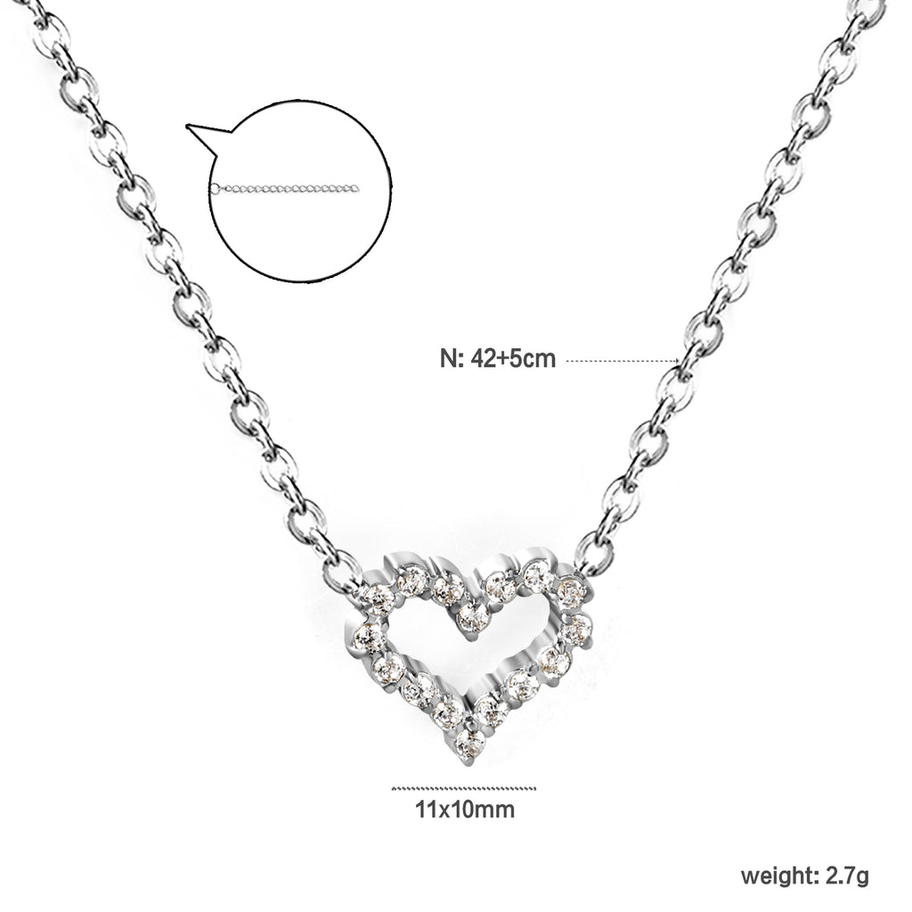 11*10mm Heart Shaped Circle with White Diamond Edge Pendant Necklace 42+5cm Steel/Golden