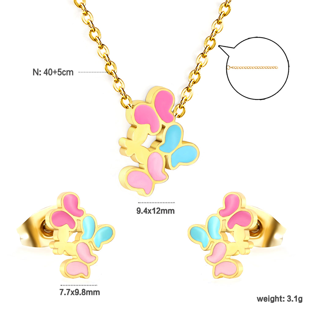 Mixed Color Butterfly Set Gold Earrings: 7.7*9.8mm Pendant: 9.4*12mm 0.3 Cross Chain 40+5cm+6mm Round Plaque
