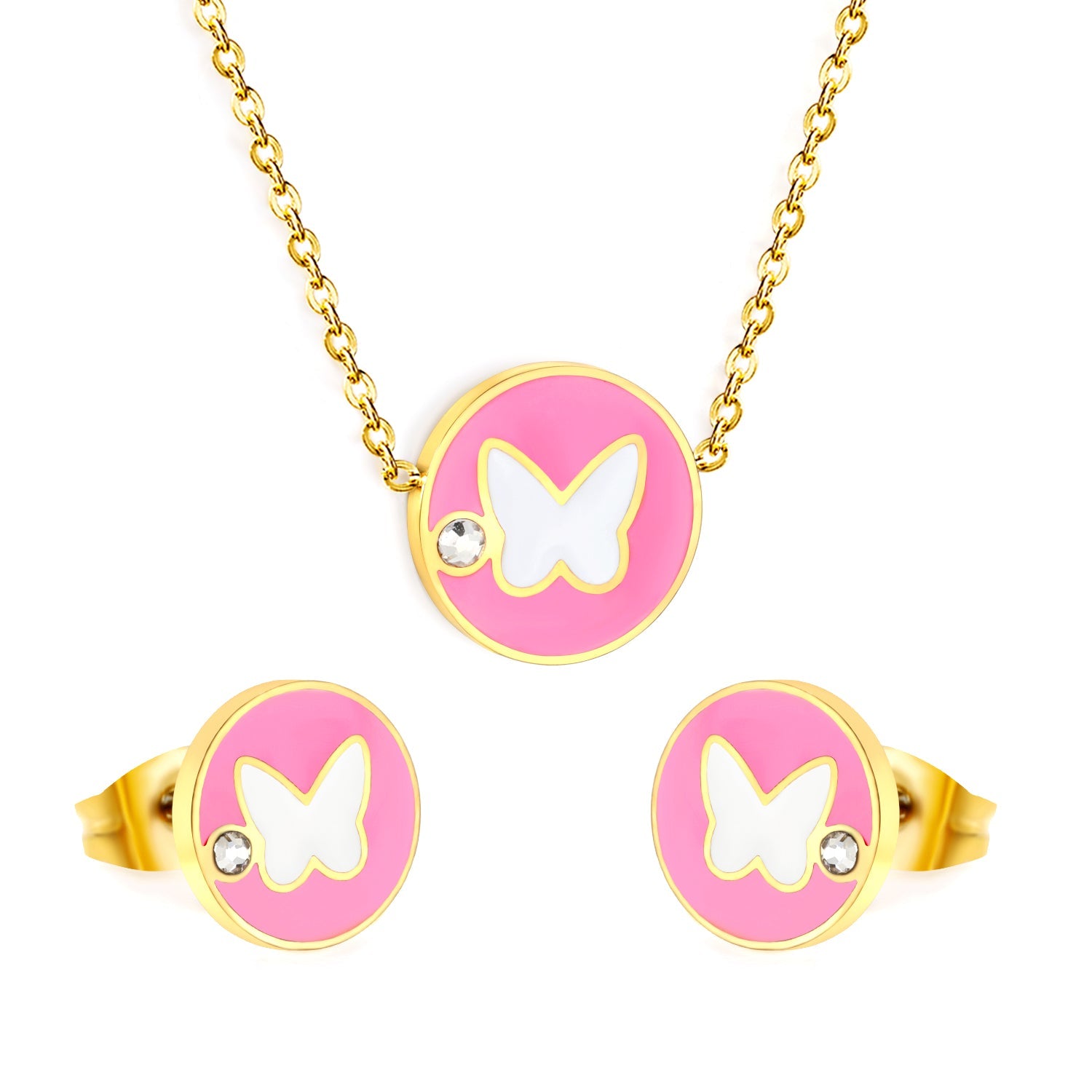 Round Butterfly Sticky White Diamonds Set Gold Earrings: 10mm Pendant: 11.8mm 0.3 Cross Chain 40+5cm+6mm Round Plaque asonjewelry