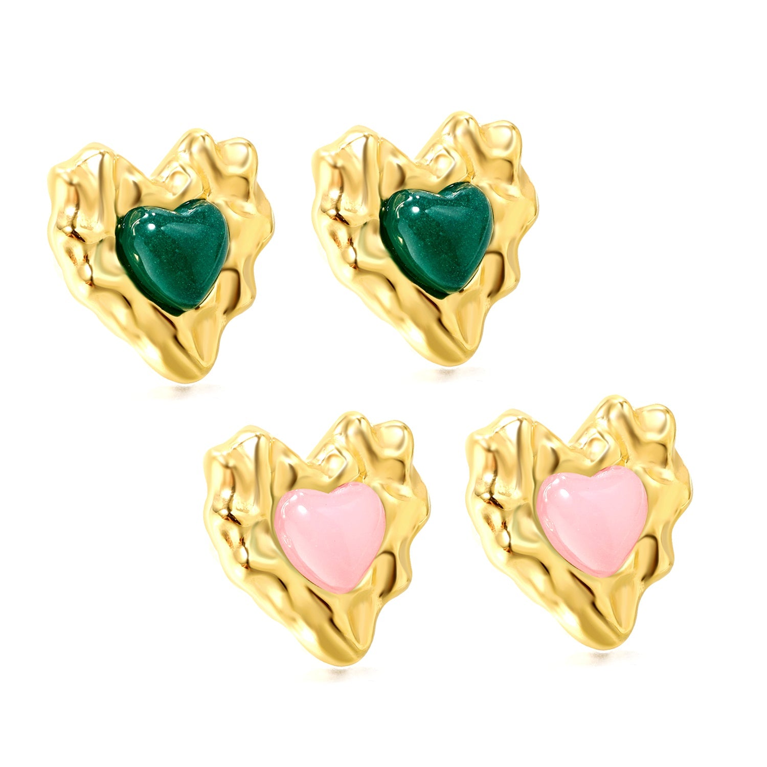 Pink & Green Diamonds Bumpy Heart Stud Earrings 15*15.6mm asonjewelry