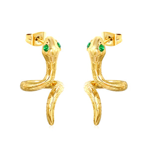 12.8*26.2mm Snake shape with 2 green diamonds Earring Gold color