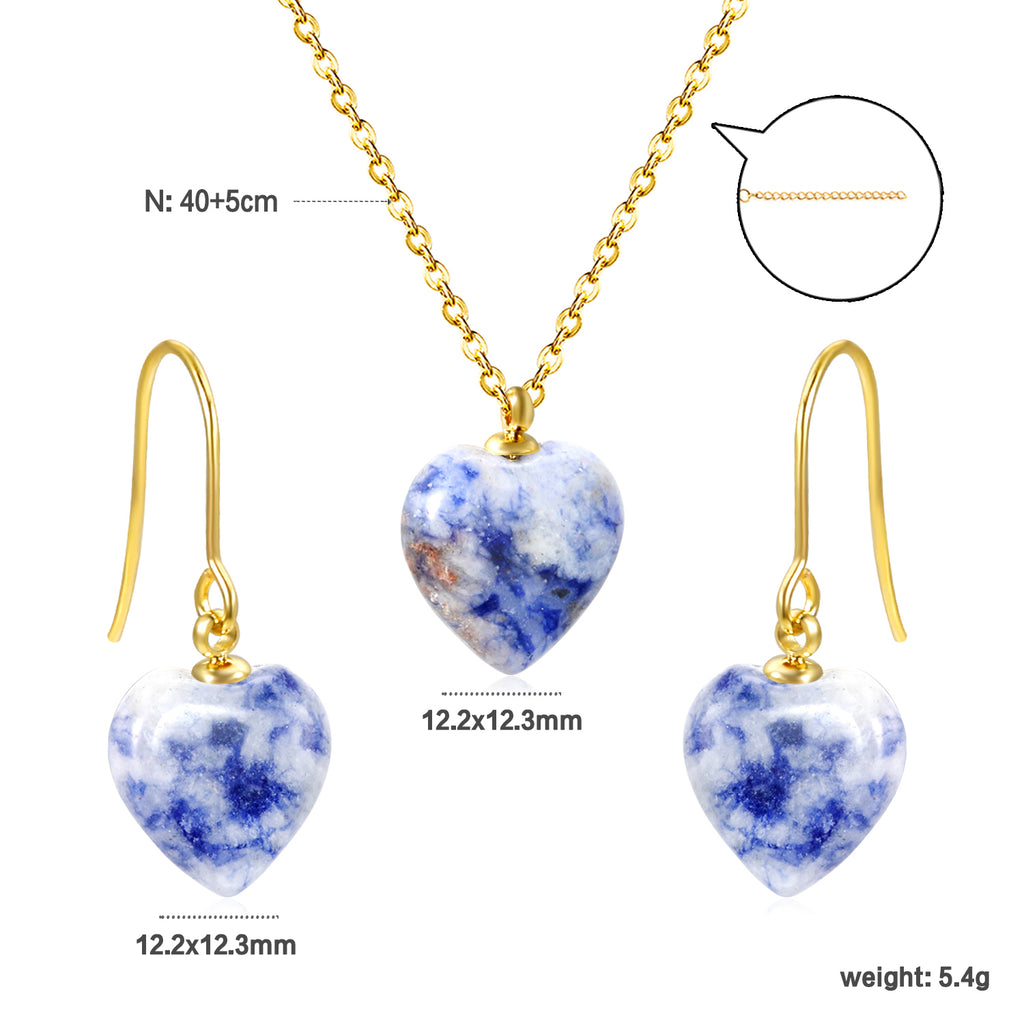 Gray/Purple/Blue Heart Stones Set Gold Earrings:12.2*12.3mm Pendant:12.2*12.3mm 0.3 Cross Chain 40+5cm+6mm Round Plaque