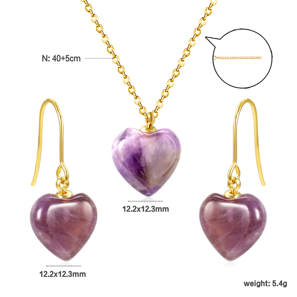 Gray/Purple/Blue Heart Stones Set Gold Earrings:12.2*12.3mm Pendant:12.2*12.3mm 0.3 Cross Chain 40+5cm+6mm Round Plaque