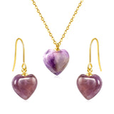 Gray/Purple/Blue Heart Stones Set Gold Earrings:12.2*12.3mm Pendant:12.2*12.3mm 0.3 Cross Chain 40+5cm+6mm Round Plaque