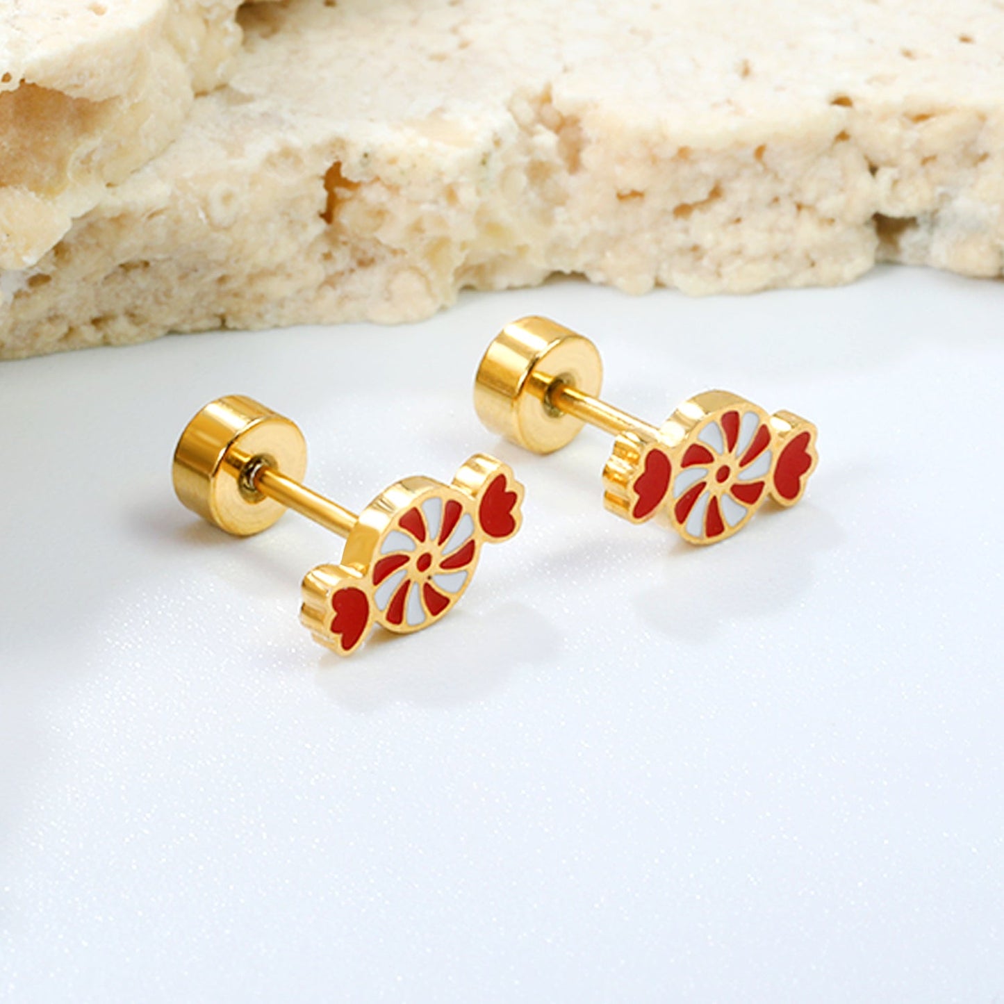 Children's Christmas carousel candy shape twist plug earrings gold color asonjewelry