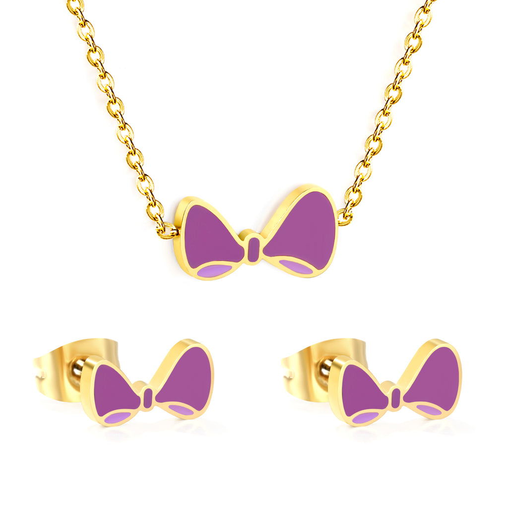 Bow Set Gold Earrings: 10*5.5mm Pendant: 11.8*6.5mm 0.3 Cross Chain 40+5cm+6mm Round Plaque