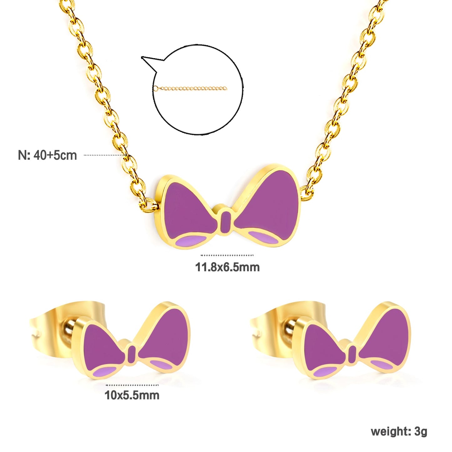 Bow Set Gold Earrings: 10*5.5mm Pendant: 11.8*6.5mm 0.3 Cross Chain 40+5cm+6mm Round Plaque asonjewelry