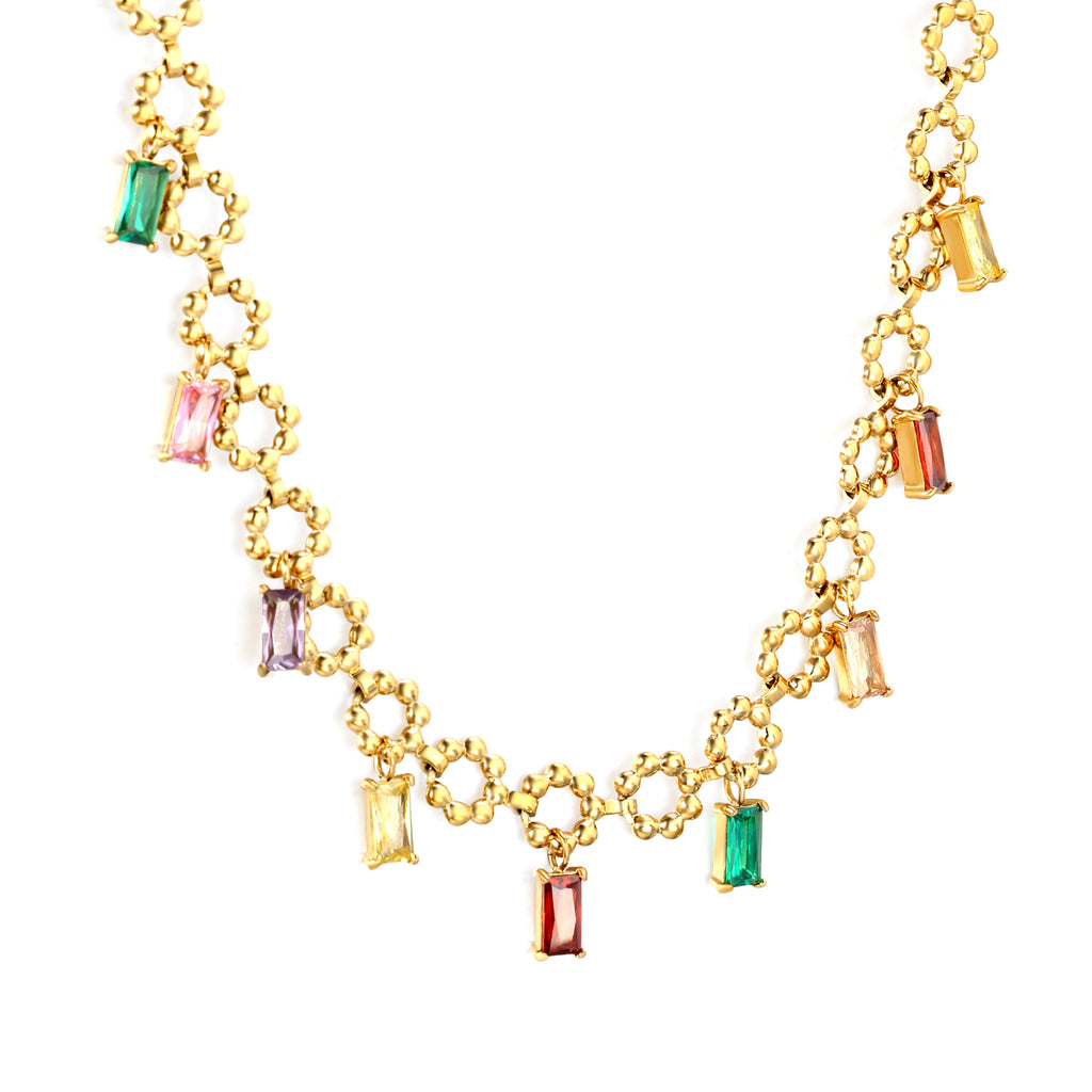 3.1*6mm square diamond mixed color accessories 7mm seven beads wreath chain *40+5cm+6mm round plate necklace Golden