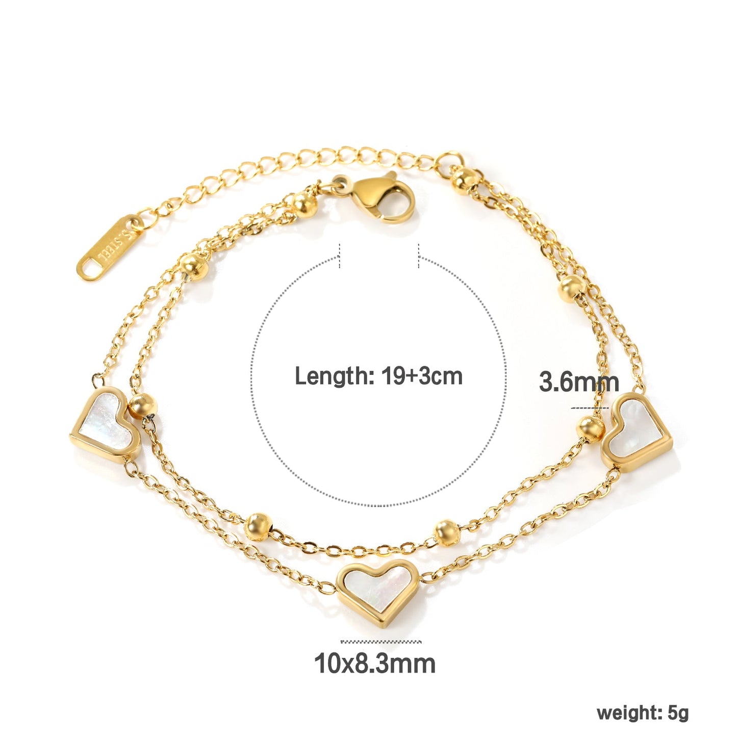 3 Heart Shaped White Shells Accessories + Beaded Chain Matching Chain Double Hand Chain 0+0cm asonjewelry