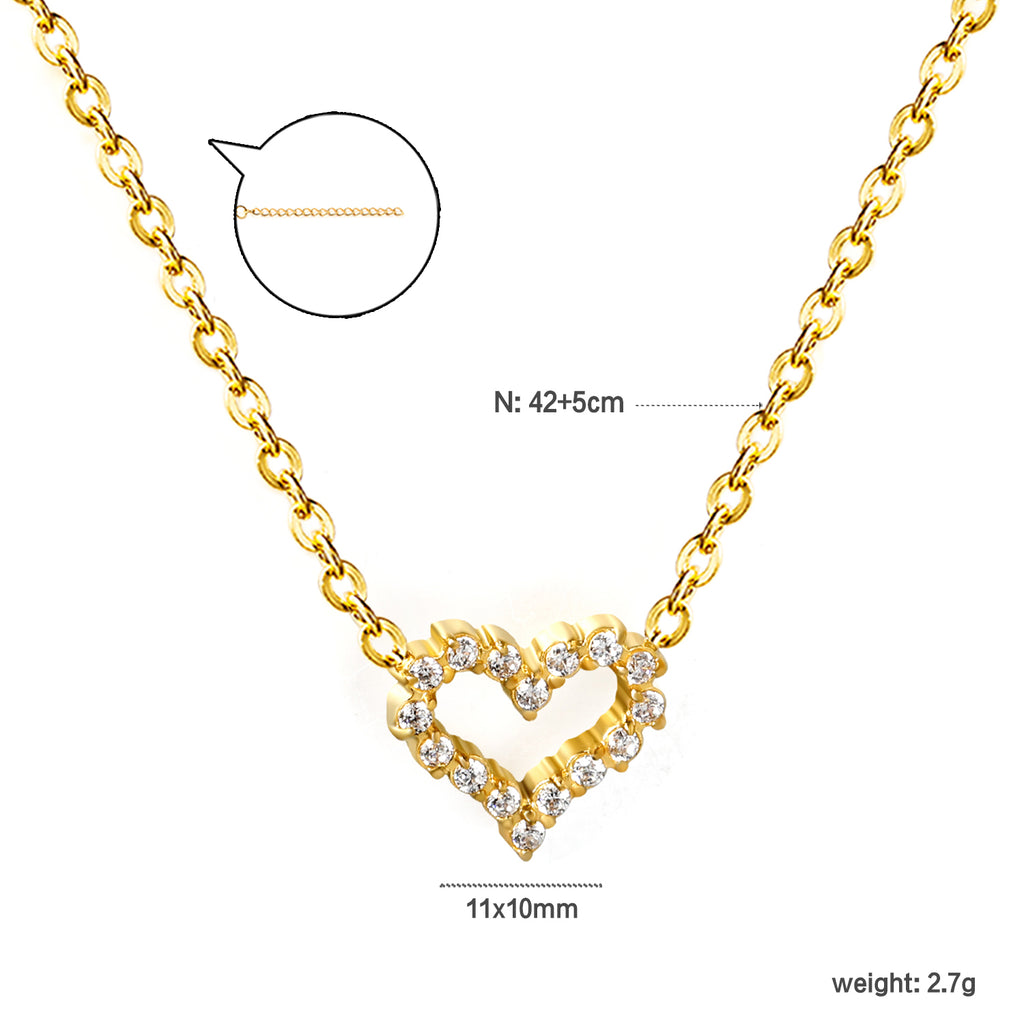 11*10mm Heart Shaped Circle with White Diamond Edge Pendant Necklace 42+5cm Steel/Golden