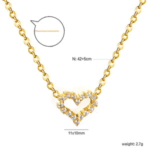 11*10mm Heart Shaped Circle with White Diamond Edge Pendant Necklace 42+5cm Steel/Golden