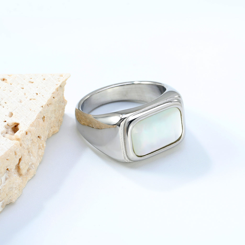 11mm Square White Steel/Gold Plated Fashion Ring