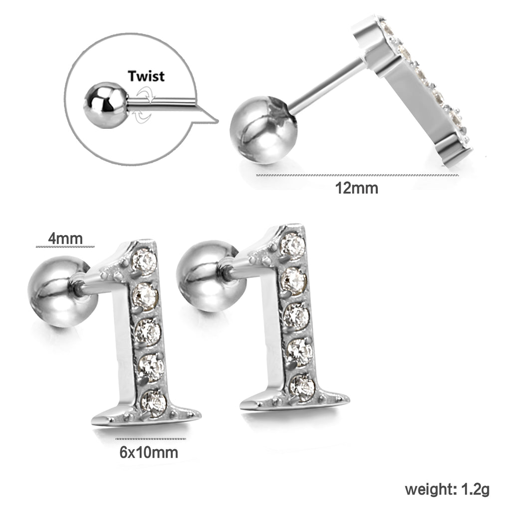 Steel ball screw-in numbers 1~9 with white diamond earrings 6*10mm