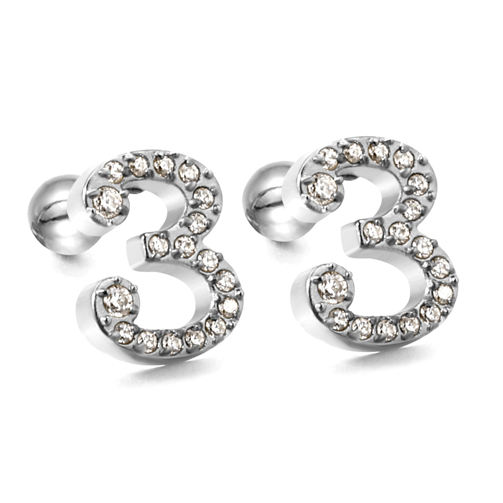 Steel ball screw-in numbers 1~9 with white diamond earrings 6*10mm