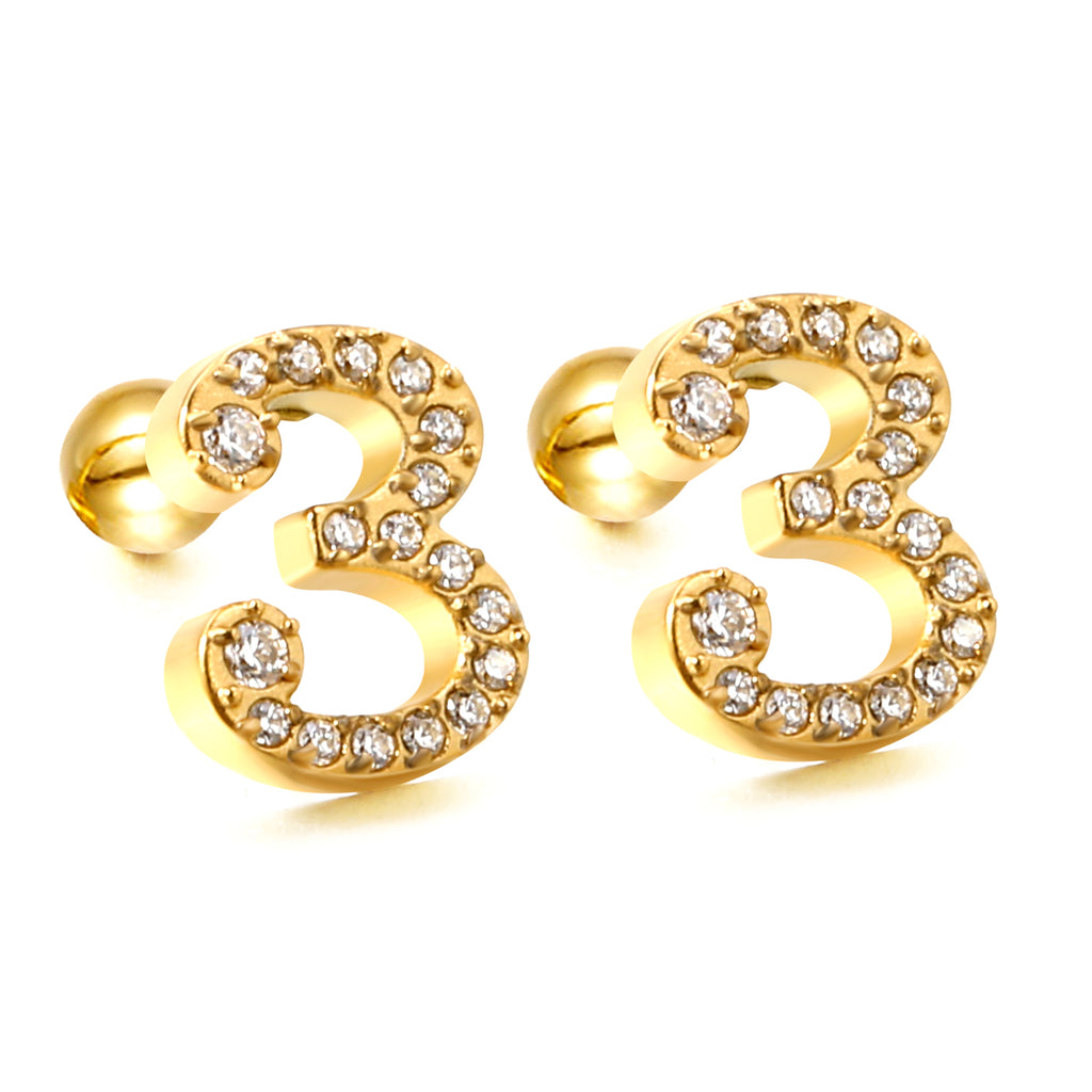 Steel ball screw-in numbers 1~9 with white diamond earrings 6*10mm
