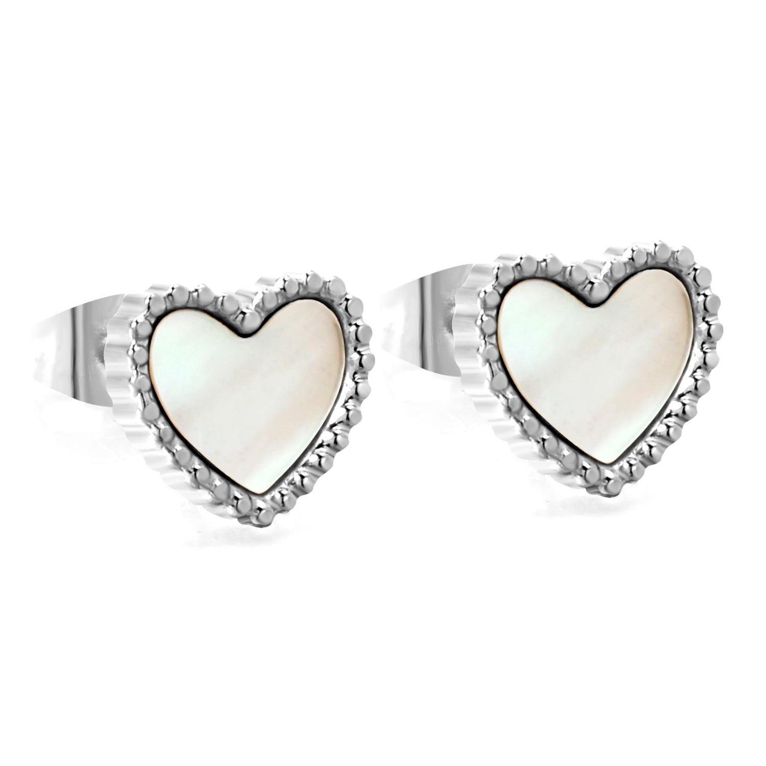 Beaded Edge Heart with White Shell Stud Earrings 10.7*10mm asonjewelry
