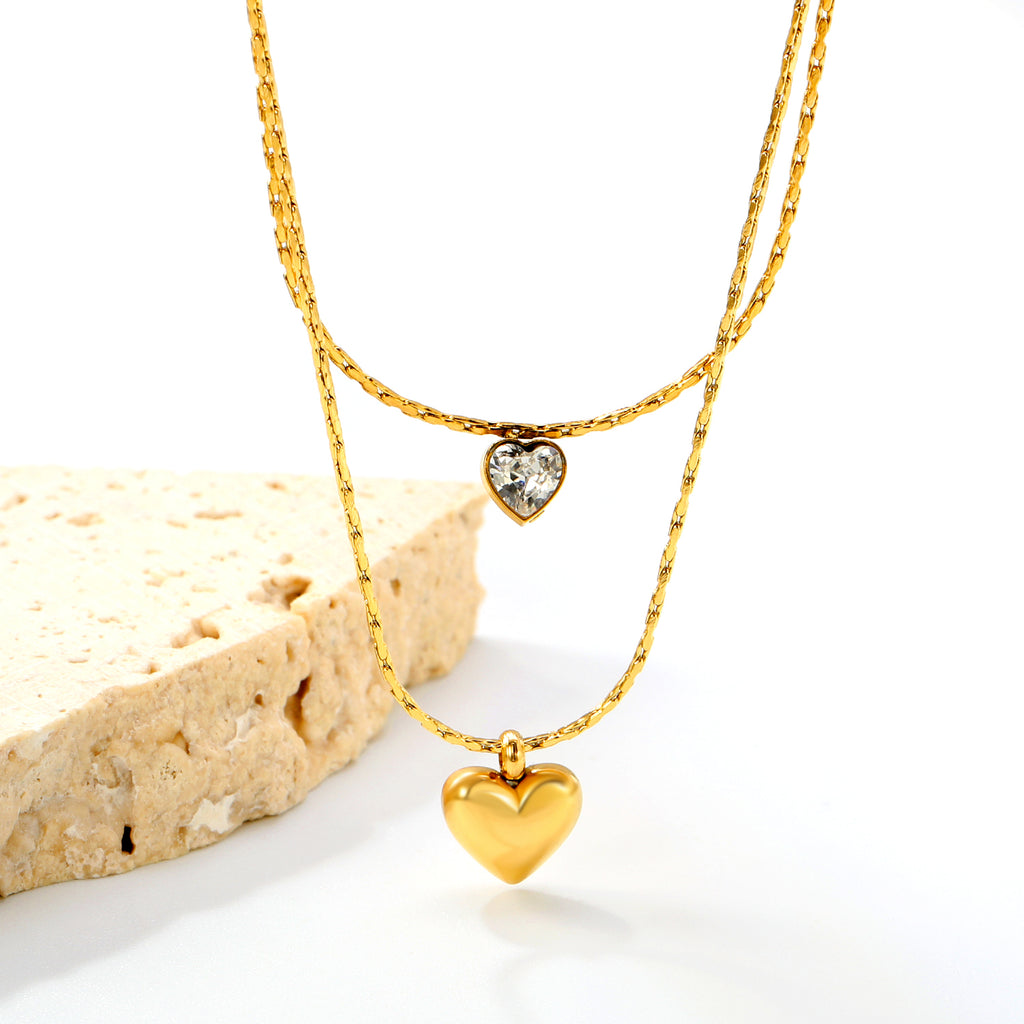 8*7.3mm hollow heart pendant 5*5mm heart shape sticky white diamond 0.9 hammer square chain 50+40+5cm+6mm round plate double chain necklace Golden