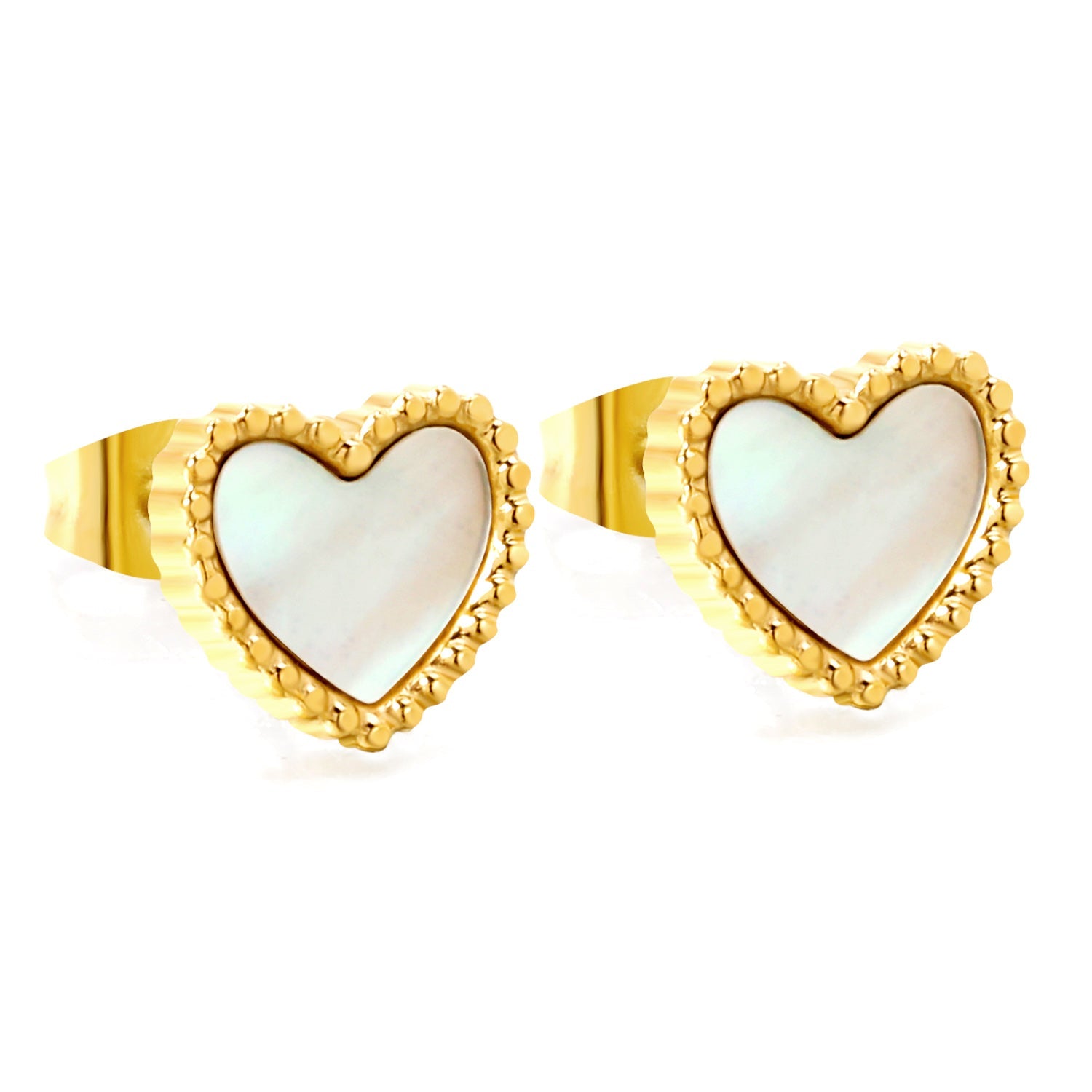 Beaded Edge Heart with White Shell Stud Earrings 10.7*10mm asonjewelry