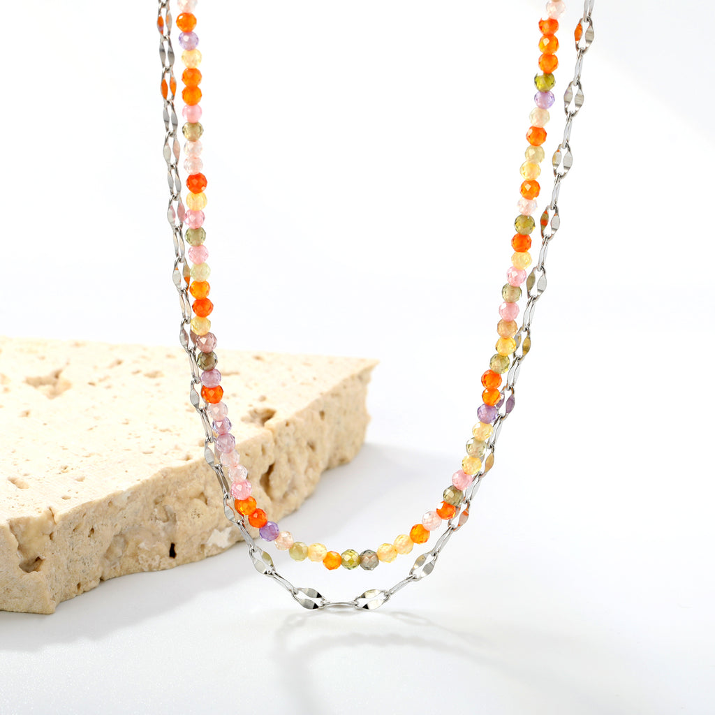 2mm color zirconia beads*40cm double lip chain45+5cm end chain+6mm round plate double necklace Steel/Golden