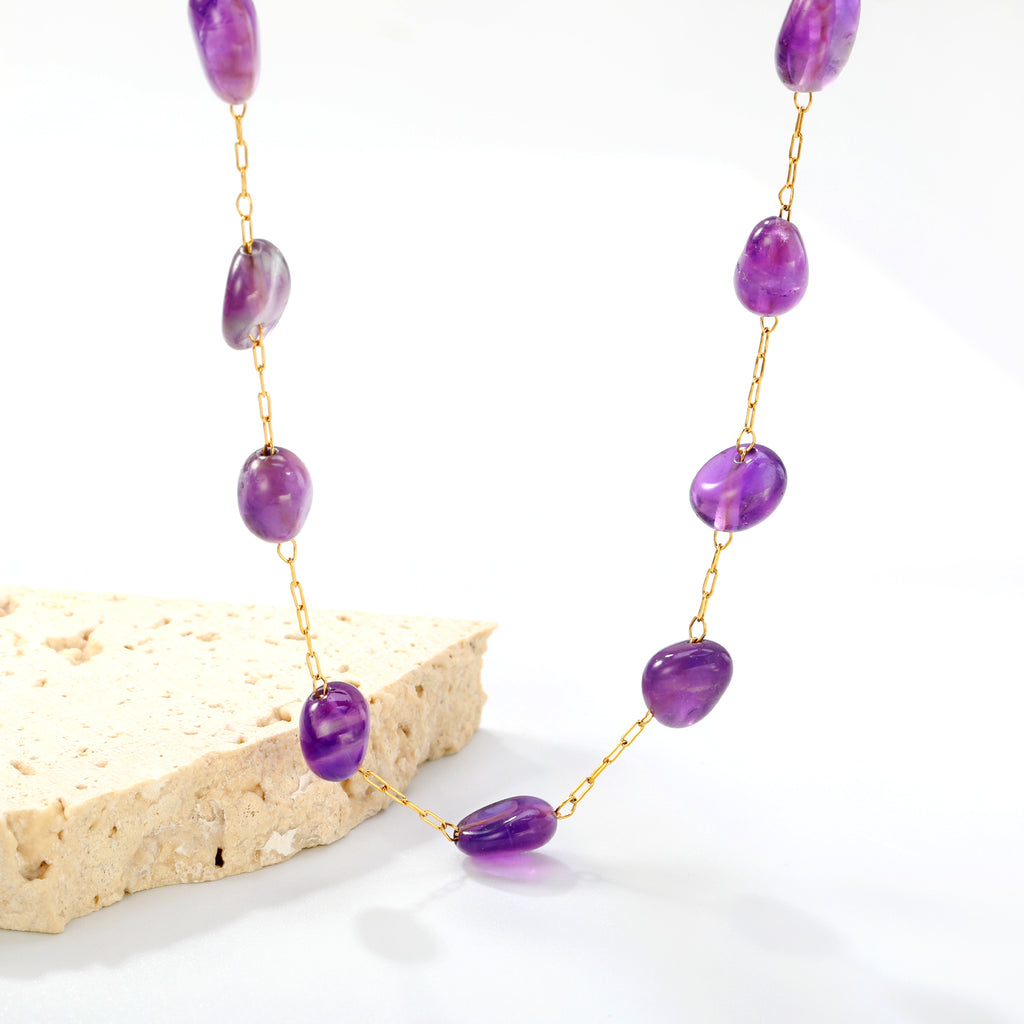 Approx. 9.5*7.4mm amethyst accessories 0.3 elongated chain 40+5cm+6mm round plate necklace gold color